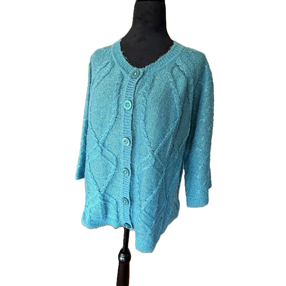 CJ Banks Plus Size 1X Cardigan Light Blue Cable Knit Embellished Button Sweater